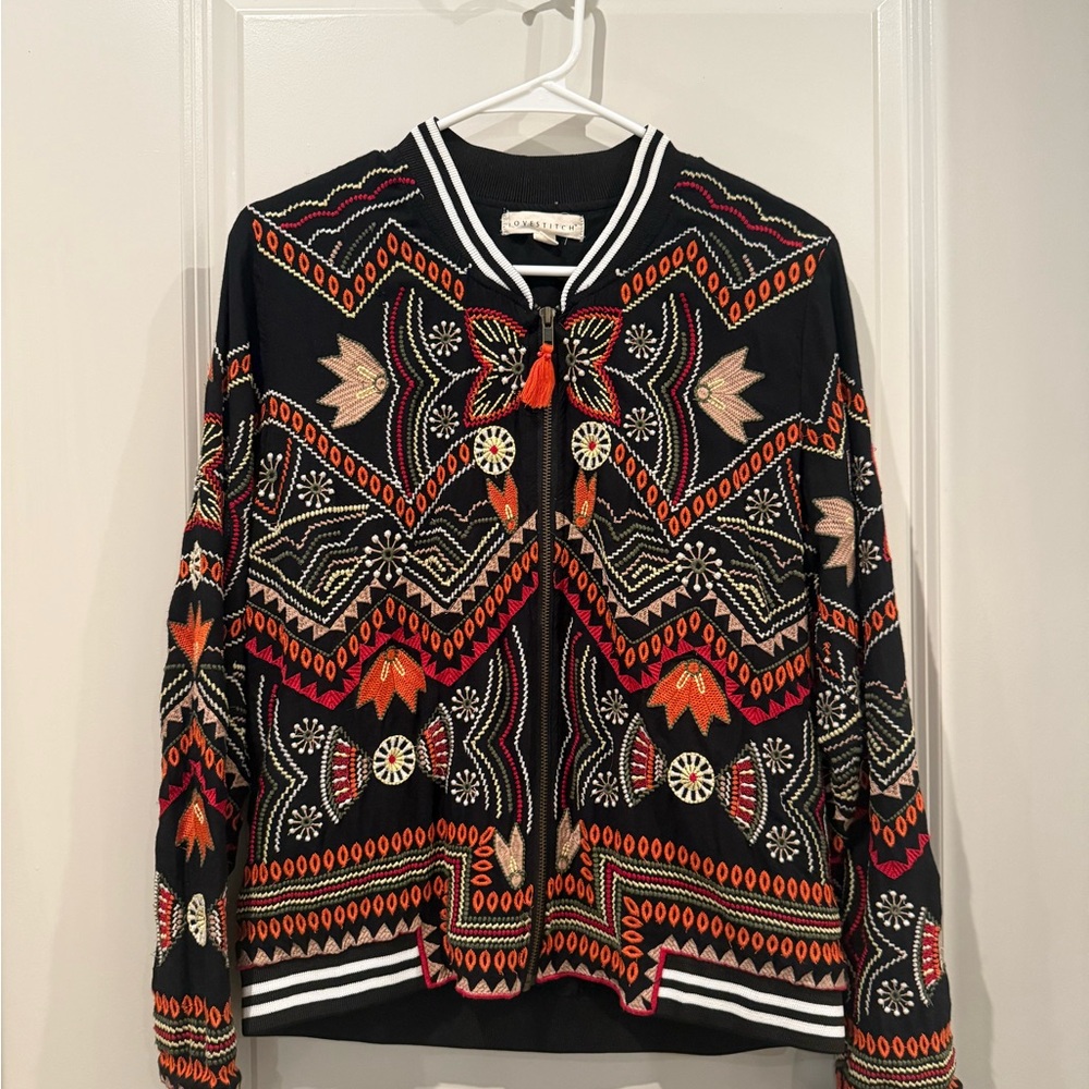Lovestitch Embroidered Black Multicolor Freyja Bomber Jacket